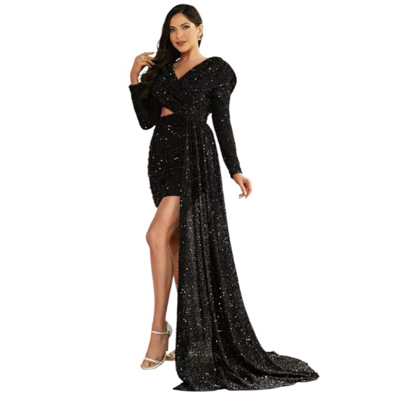 V Neck Sequin Cutout Draped Long Sleeve Mini Cocktail dress Black Sz S NWT - Picture 1 of 7